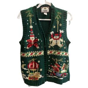 TIARA Vtg Christmas Vest Santa Snowman Sequins Embroidered Green M Women Novelty